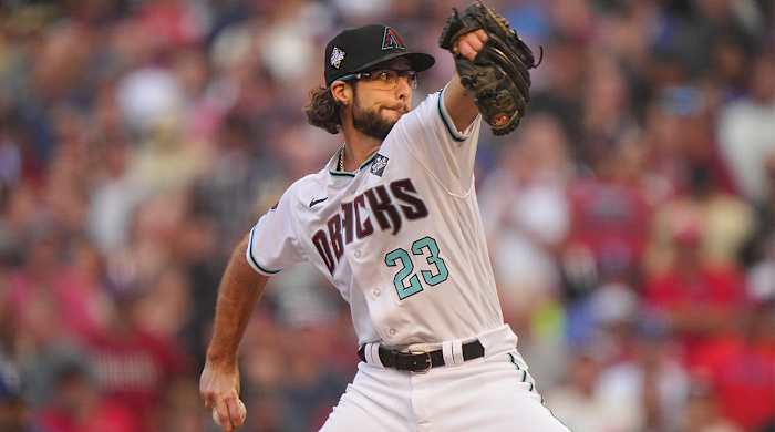 Diamondbacks’ Zac Gallen pitches vs. the Rangers in Game 5 of the World Series.